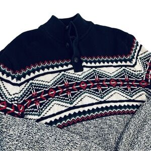 Chaps Fair Isle Quarter Button Sweater Mens Medium Navy Blue Cotton Mock Neck